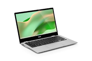 Vue de gauche d'un Chromebook Acer Spin 513 ouvert sur l'écran d'accueil.