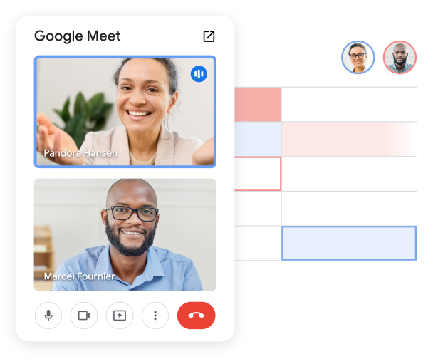 2 teamleden nemen deel aan een Meet-gesprek vanuit Spreadsheets