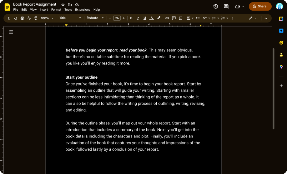 A Google Doc in dark mode, with the background showing in black and the text showing in a clear white.