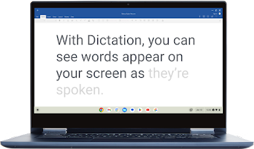 Chromebook ouvert, montrant l'utilisation de la fonctionnalité de dictée.
