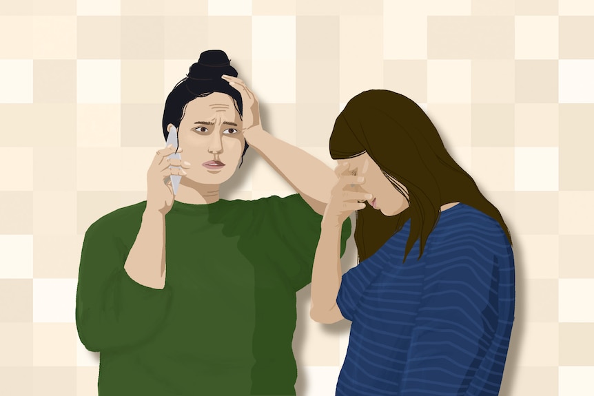 An illustration shows one woman with her hand to her forehead, on the phone, and another with her head in her hands