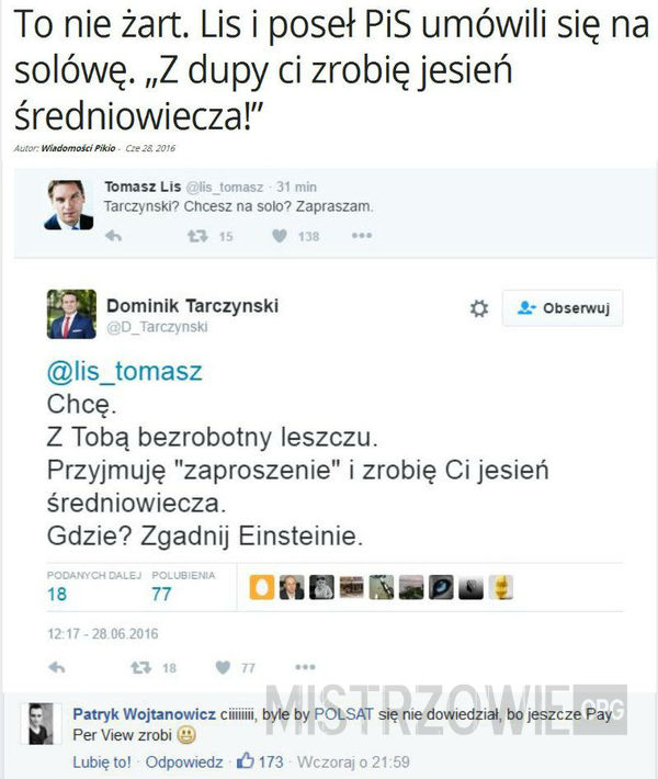 Tomasz Lis i poseł PiS umówili się na solo –  