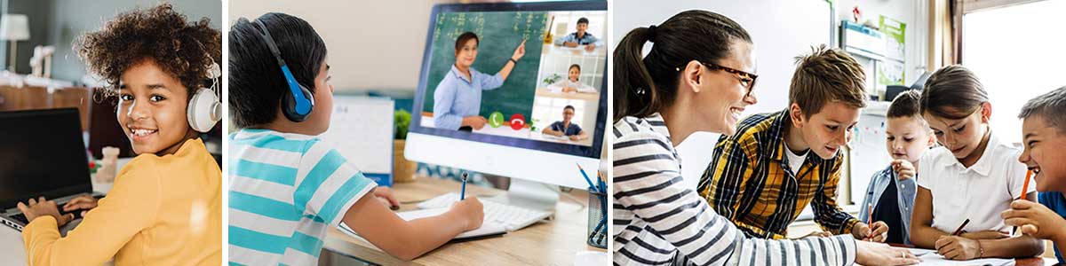 A group of photos showing a diverse group of children in varying grades in learning situations