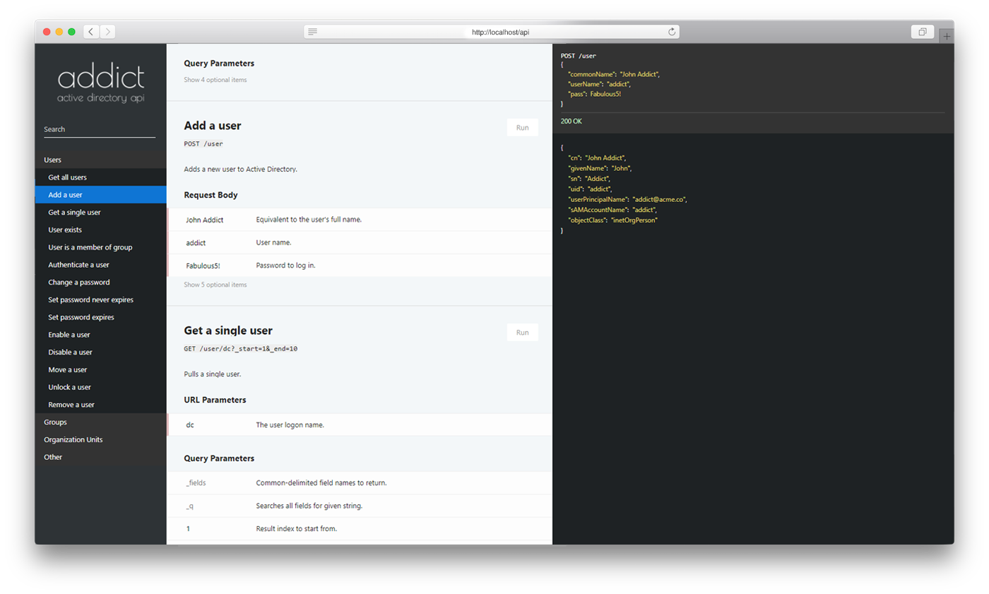 Screenshot of API docs for Addict.
