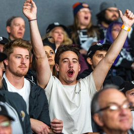 Alumni cheering at a LA Kings hockey game