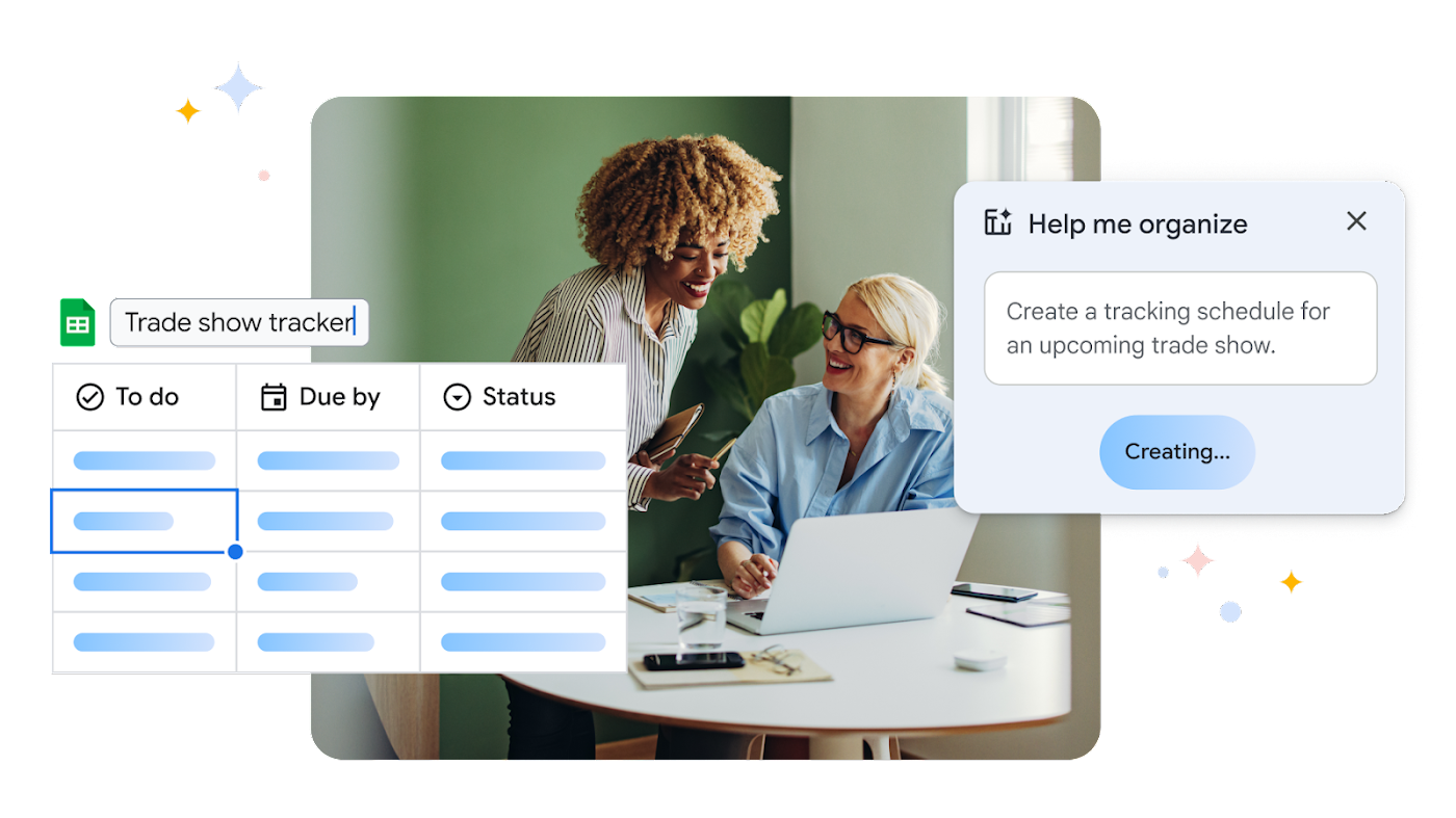 Two workers at a desk, collaborating at a laptop. Gemini for Workspace helps them organize with a tracker based off their spreadsheet.