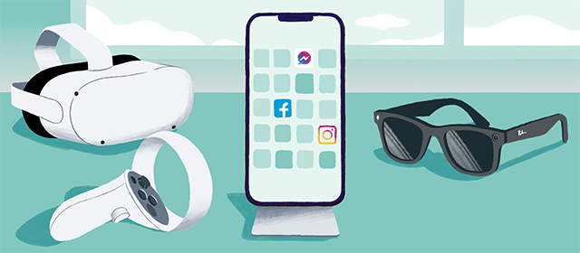 Un Meta Quest, un téléphone mobile affichant les applications Facebook, Instagram et Messenger et une paire de lunettes Ray-Ban Stories sont posés sur une table.